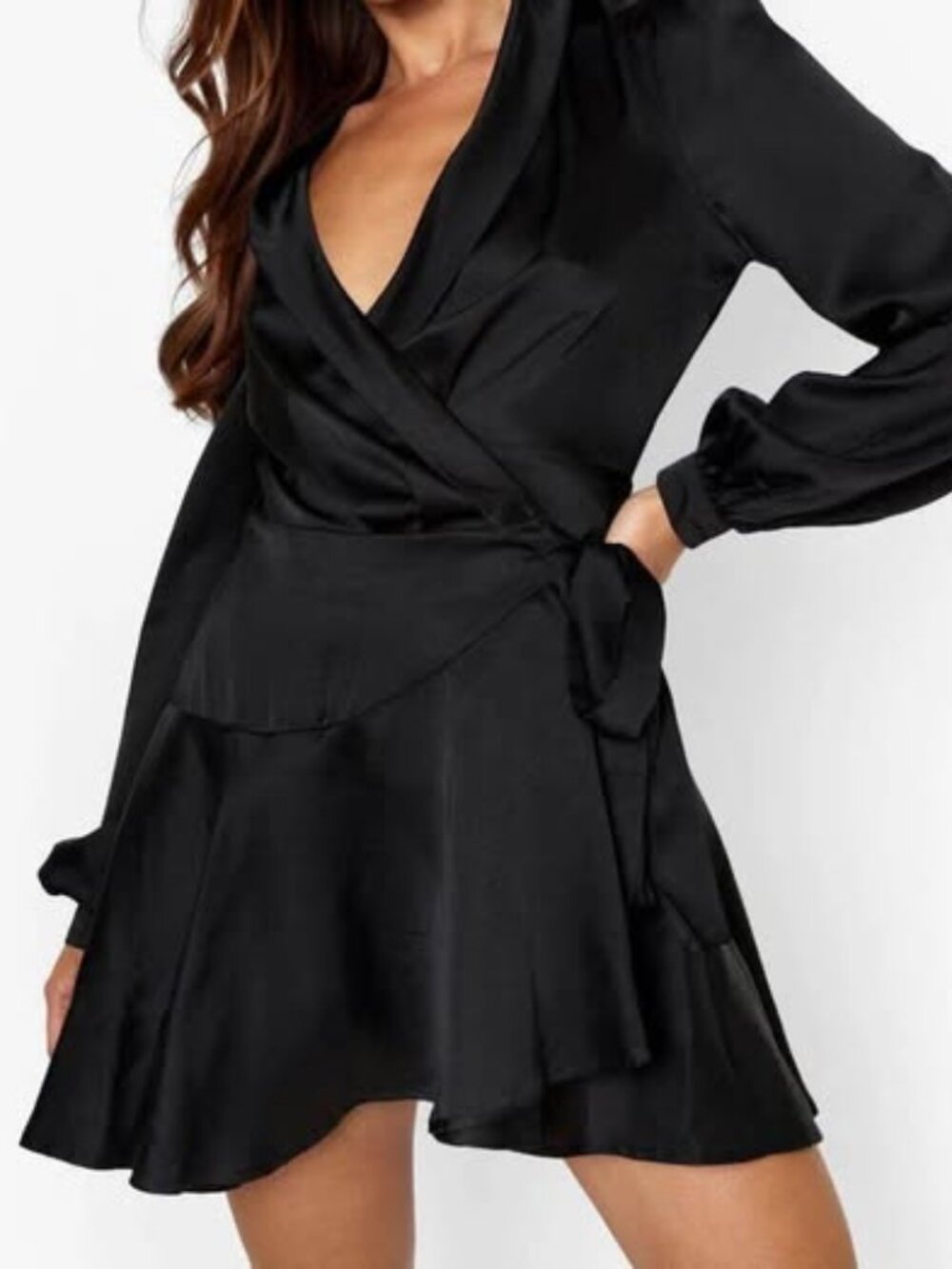 Boohoo Black Satin Wrap Mini Dress NWT Size 14